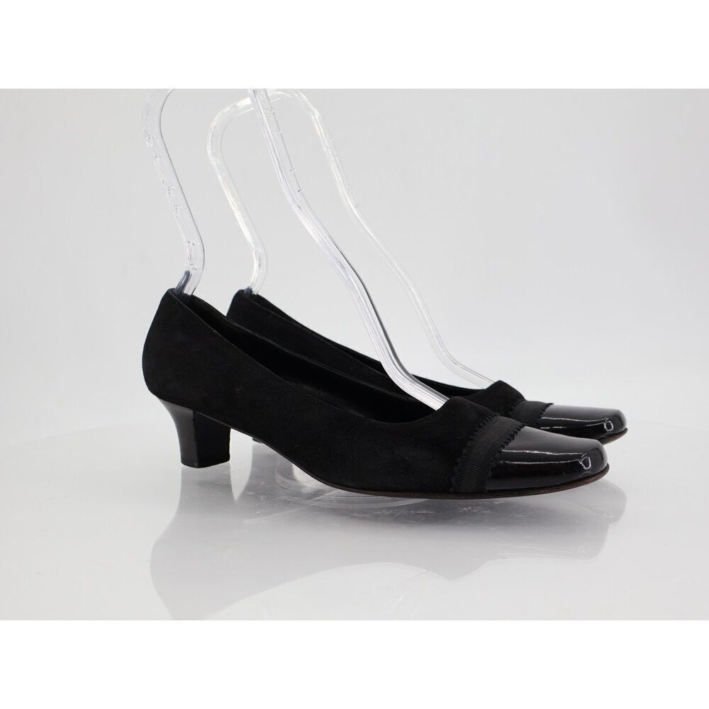 Salvatore Ferragamo Pump Women Size 7.5 B Black Suede Patent Cap Toe Square Toe